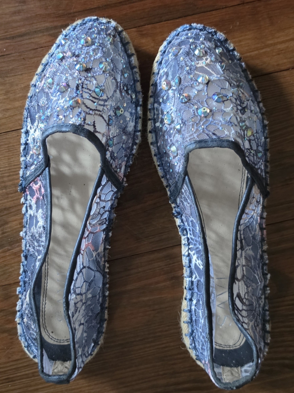 $75 Women’s Lace Espadrille Flats Sz 10 in Light Blue with Sequins Nwot